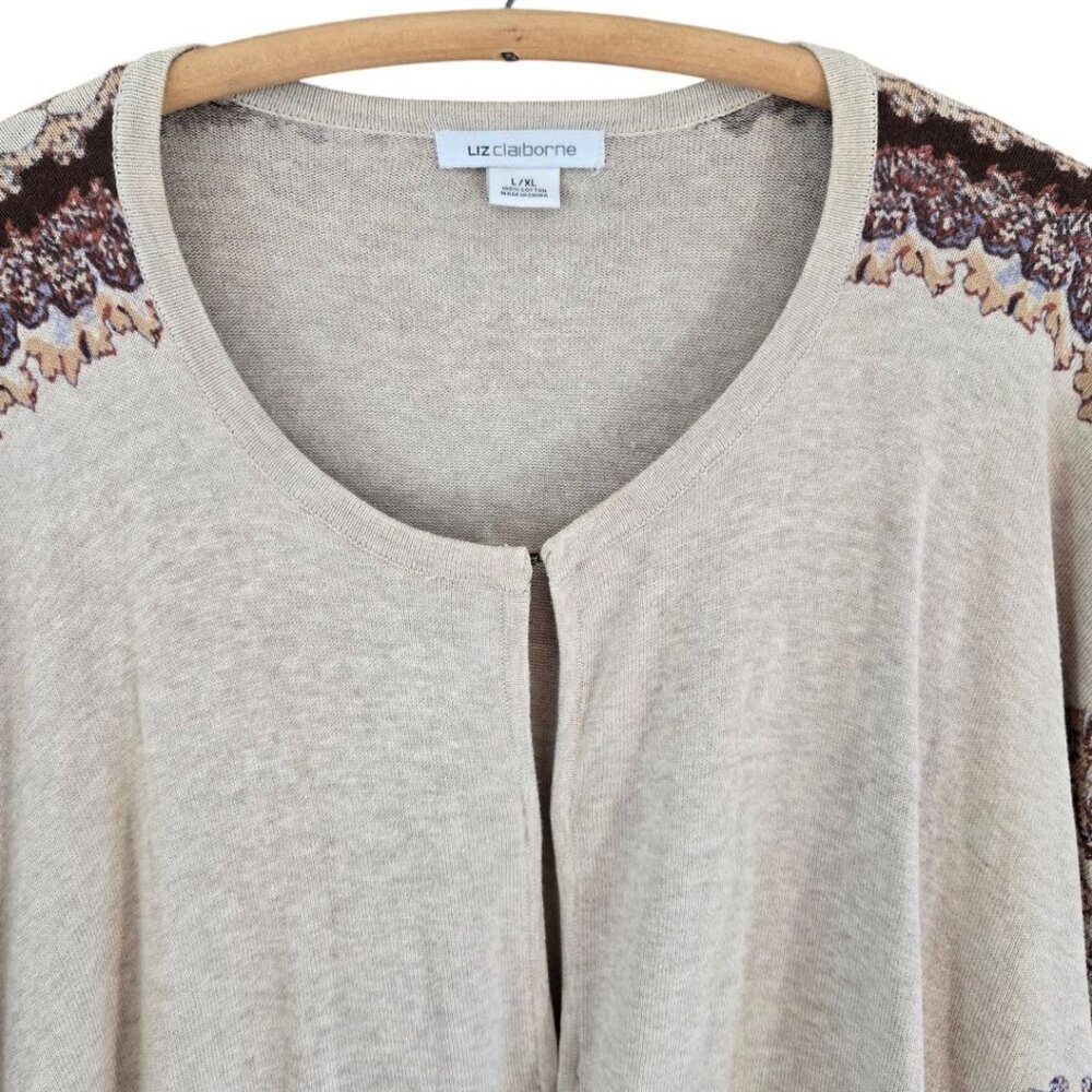 Liz Claiborne Womens L/XL Cotton Beige & Burgundy Floral Ruana Poncho Shawl - Picture 3 of 9
